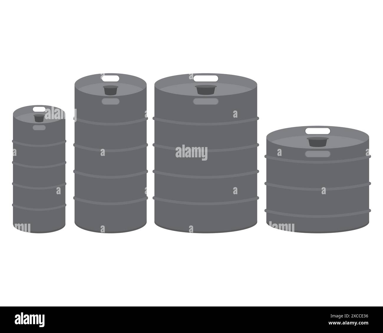 Fusti di birra in metallo argento. Illustrazione vettoriale оn sfondo bianco vuoto. Forme diverse. Illustrazione Vettoriale