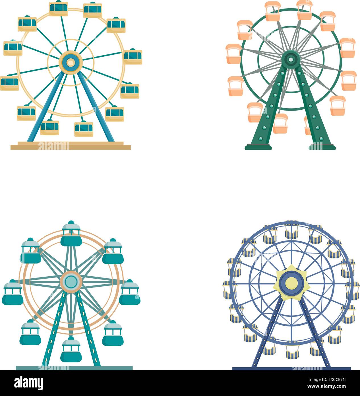 Collezione di quattro illustrazioni vettoriali stilizzate di ruote panoramiche in vari colori Illustrazione Vettoriale