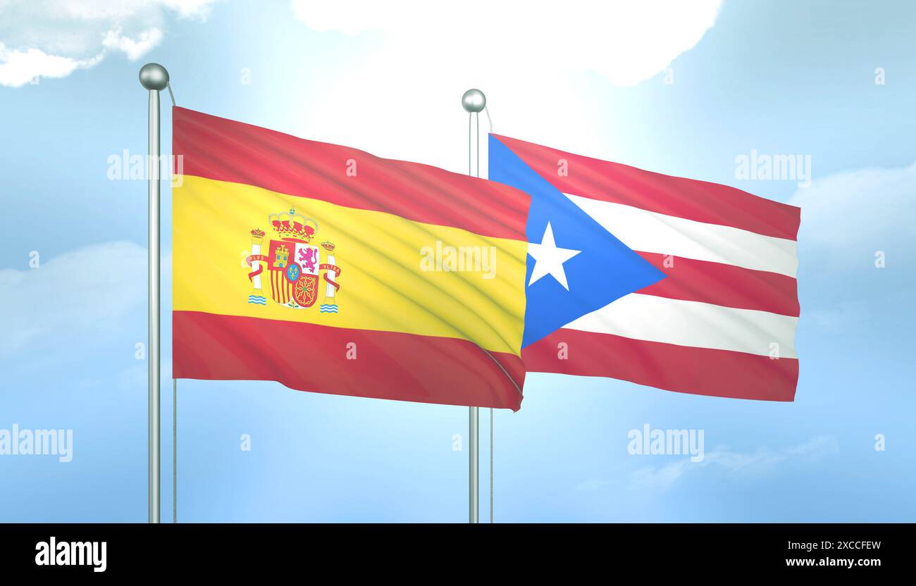 Bandiera 3D di Spagna e Porto Rico sul cielo blu con sole splendente Foto Stock
