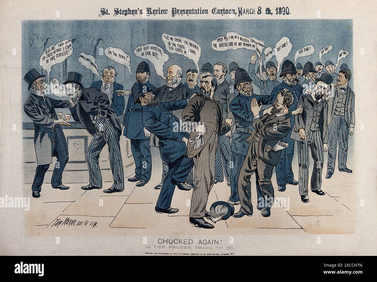 Un cartone satirico della St. Stephens Review che raffigura un acceso dibattito politico. Il disegno illustra il caos e il disaccordo all'interno della sfera politica, utilizzando figure esagerate e dialoghi umoristici. Una figura centrale viene fisicamente scossa da altri, sottolineando la natura intensa delle discussioni politiche. La data, 8 marzo 1890, è visibile in modo preminente sull'immagine. Foto Stock