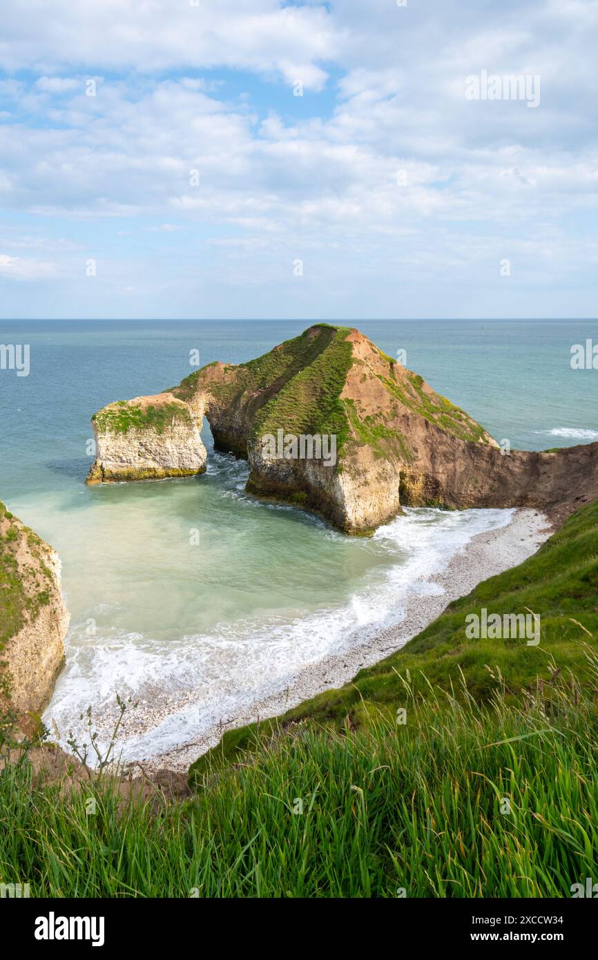 Flamborough Head paesaggio costiero in un giorno di giugno o d'estate soleggiato, East Yorkshire, Inghilterra, Regno Unito. Scogliere di gesso con praterie Foto Stock