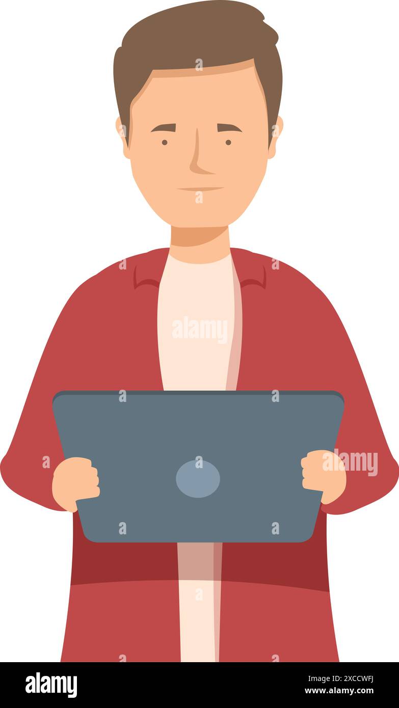 Il giovane ha in mano un tablet, magari navigando su Internet o lavorando in remoto Illustrazione Vettoriale