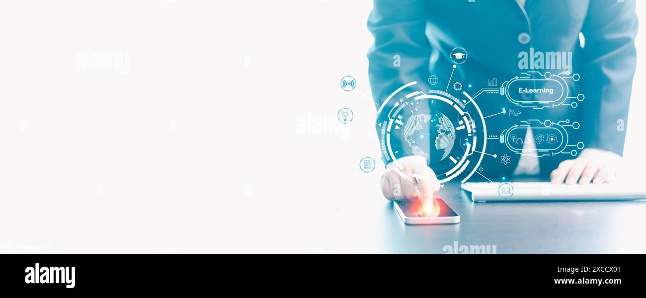 La piattaforma di e-learning Academy offre agli studenti di corsi online la possibilità di studiare e apprendere nuovi concetti, rendendo l'istruzione accessibile attraverso la formazione basata sul Web per Foto Stock