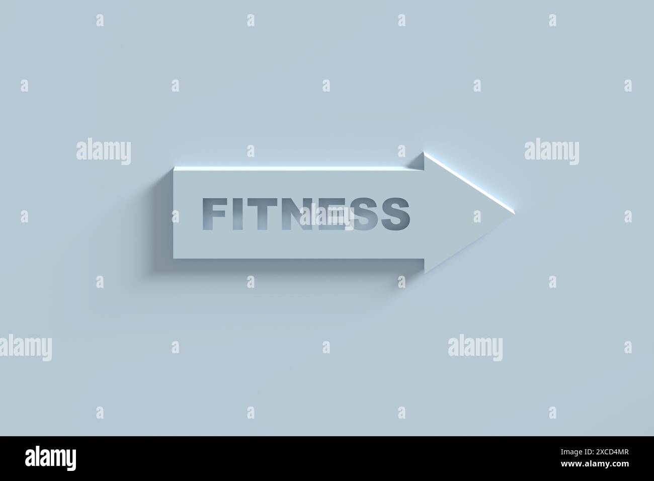 Insegna o guida fitness Gym per forma fisica e stile di vita sano. La parola fitness su una freccia direzionale sulla parete blu. Rendering 3D. Foto Stock