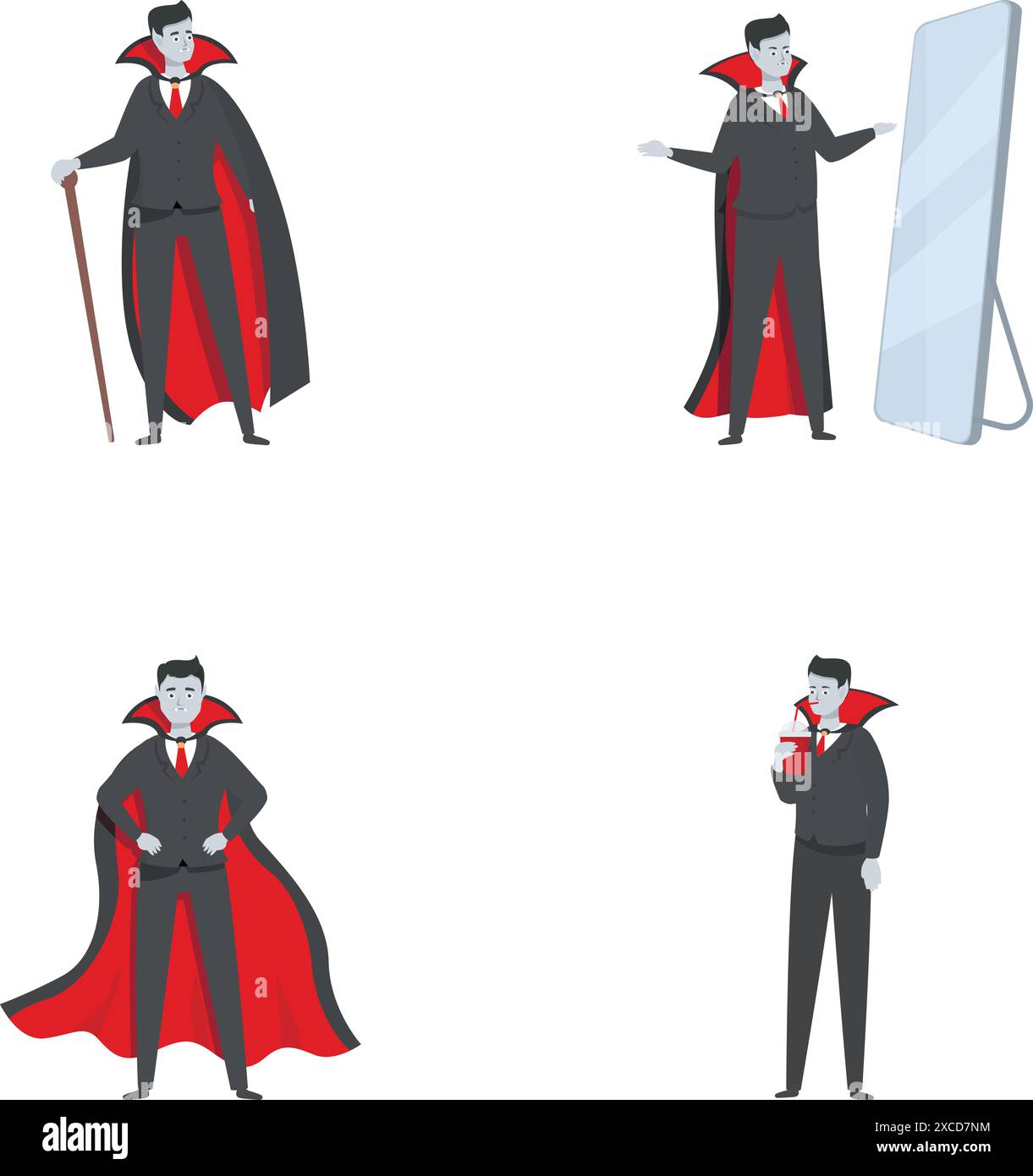 Set di quattro eleganti illustrazioni di vampiri in varie pose, perfette per disegni a tema alloweenthemed Illustrazione Vettoriale