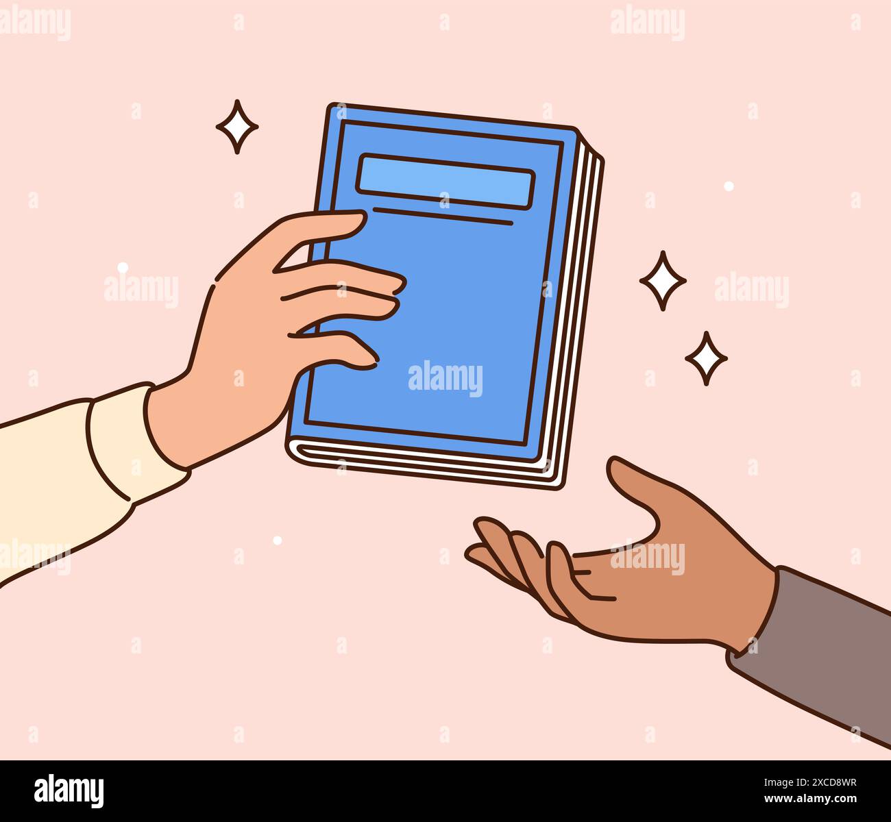 Dare a mano il libro a un'altra persona. Scambio di libri, prestito dalla biblioteca, lettura di letteratura. Disegno di cartoni animati, illustrazione vettoriale. Illustrazione Vettoriale