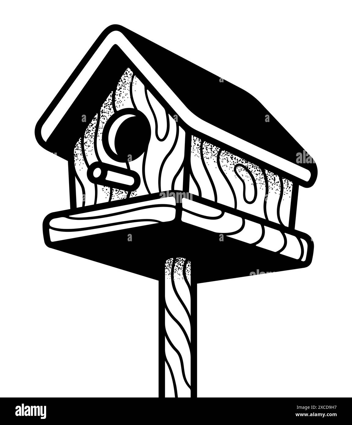 Birdhouse in legno, disegno retrò in bianco e nero con texture rigida. Illustrazione vettoriale Illustrazione Vettoriale