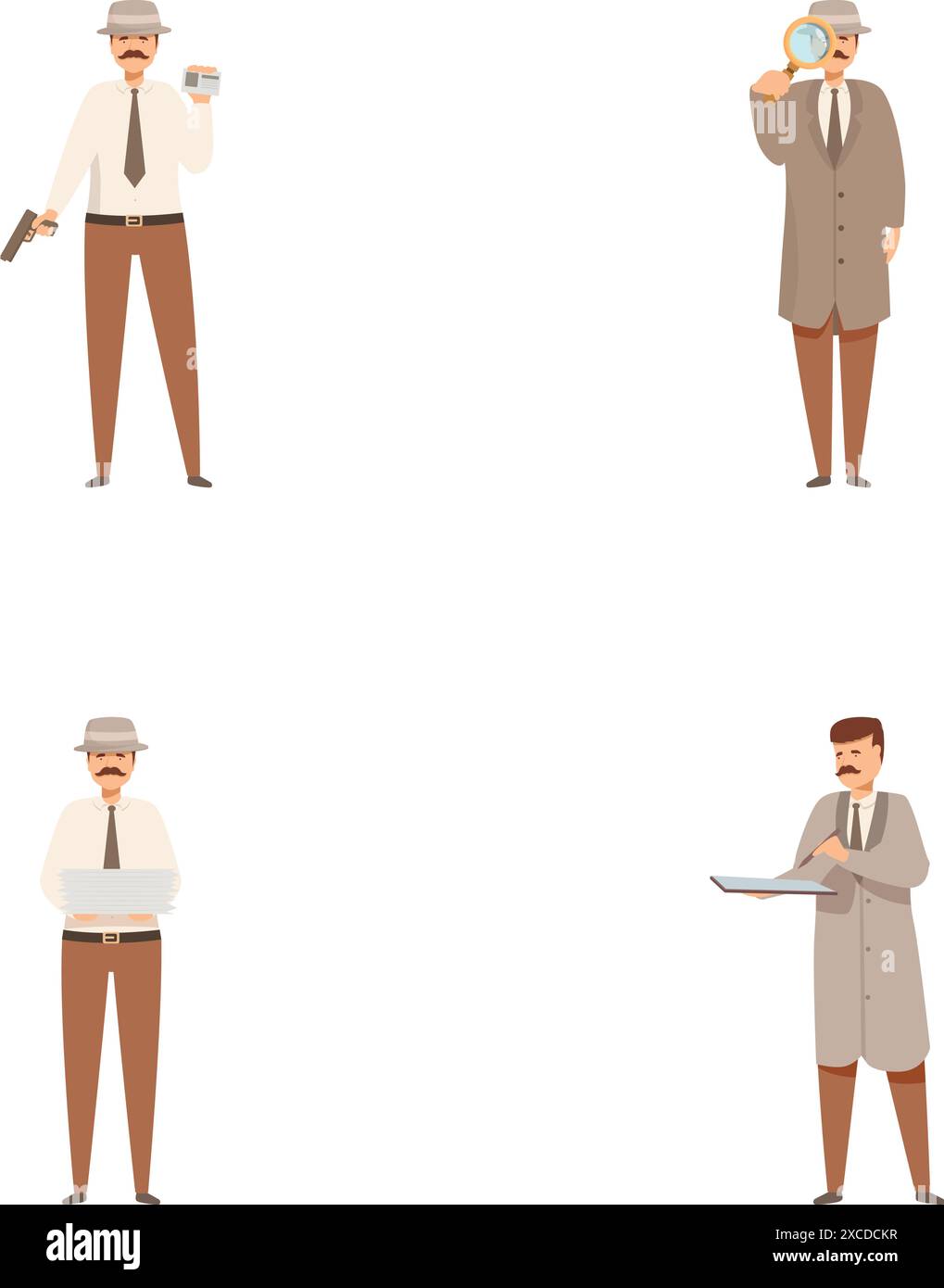 Collezione di quattro detective illustrati con lente d'ingrandimento, pistola e quaderno su sfondo bianco Illustrazione Vettoriale