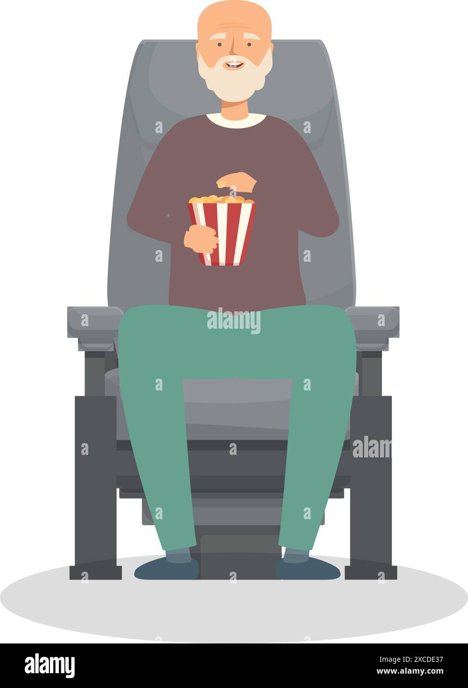 Un uomo anziano è seduto al cinema, tiene una scatola di popcorn e si sta godendo un film Illustrazione Vettoriale