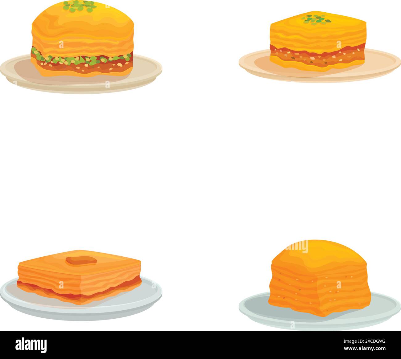Set illustrativo di quattro diversi tipi di dolci serviti su piatti, isolati su bianco Illustrazione Vettoriale
