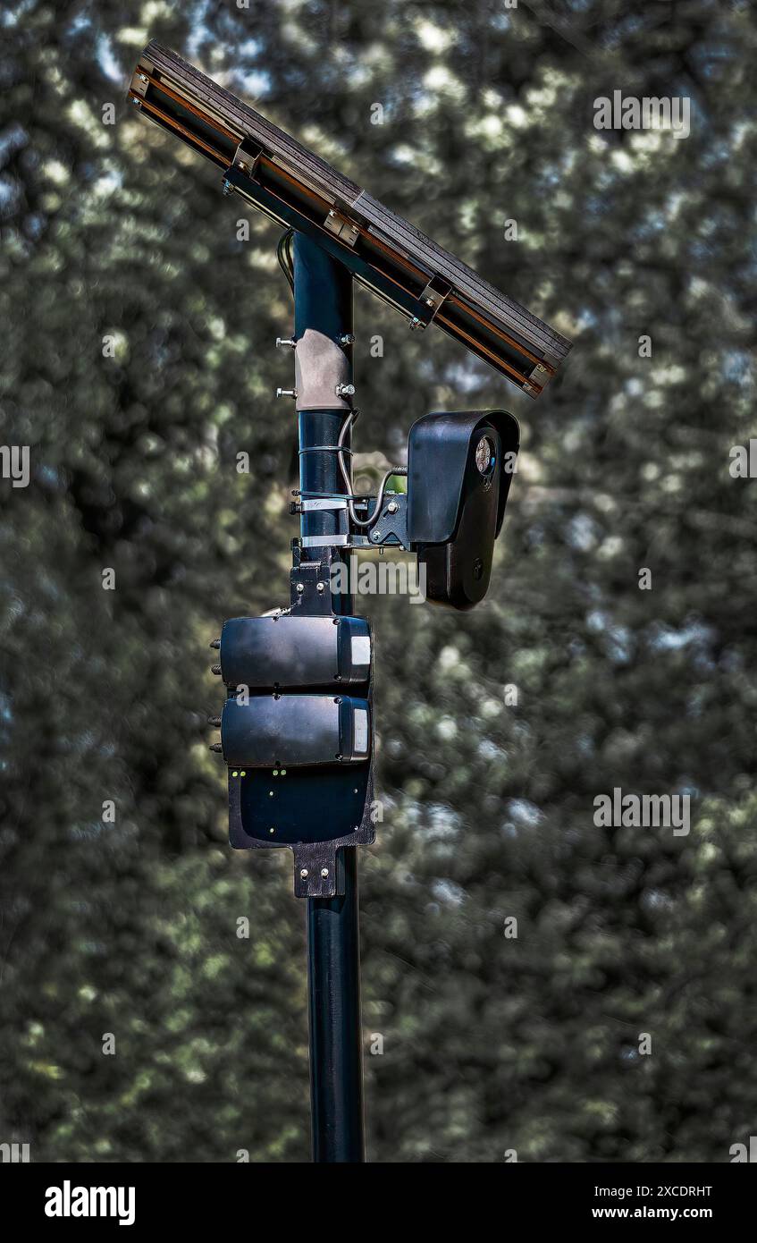 La telecamera di riconoscimento della targa si fonde con lo sfondo. La telecamera, montata su un palo nero, acquisisce i dati della targa dei veicoli in transito. Foto Stock