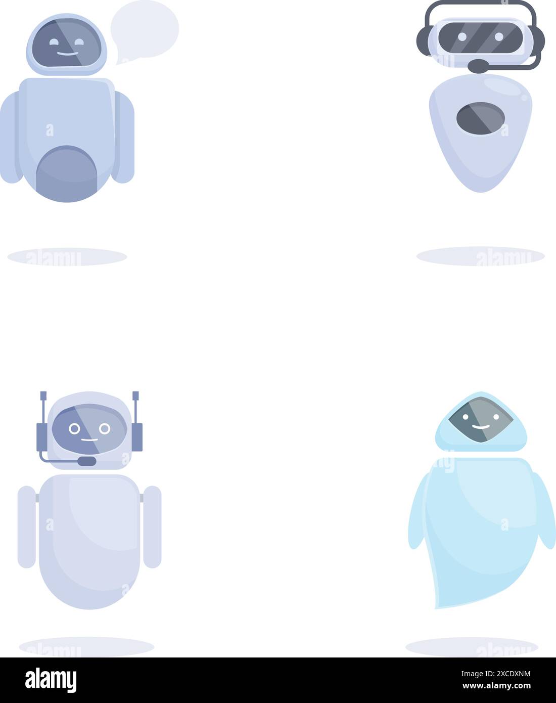 Collezione di quattro adorabili personaggi robot cartoni animati in uno stile pulito e moderno Illustrazione Vettoriale