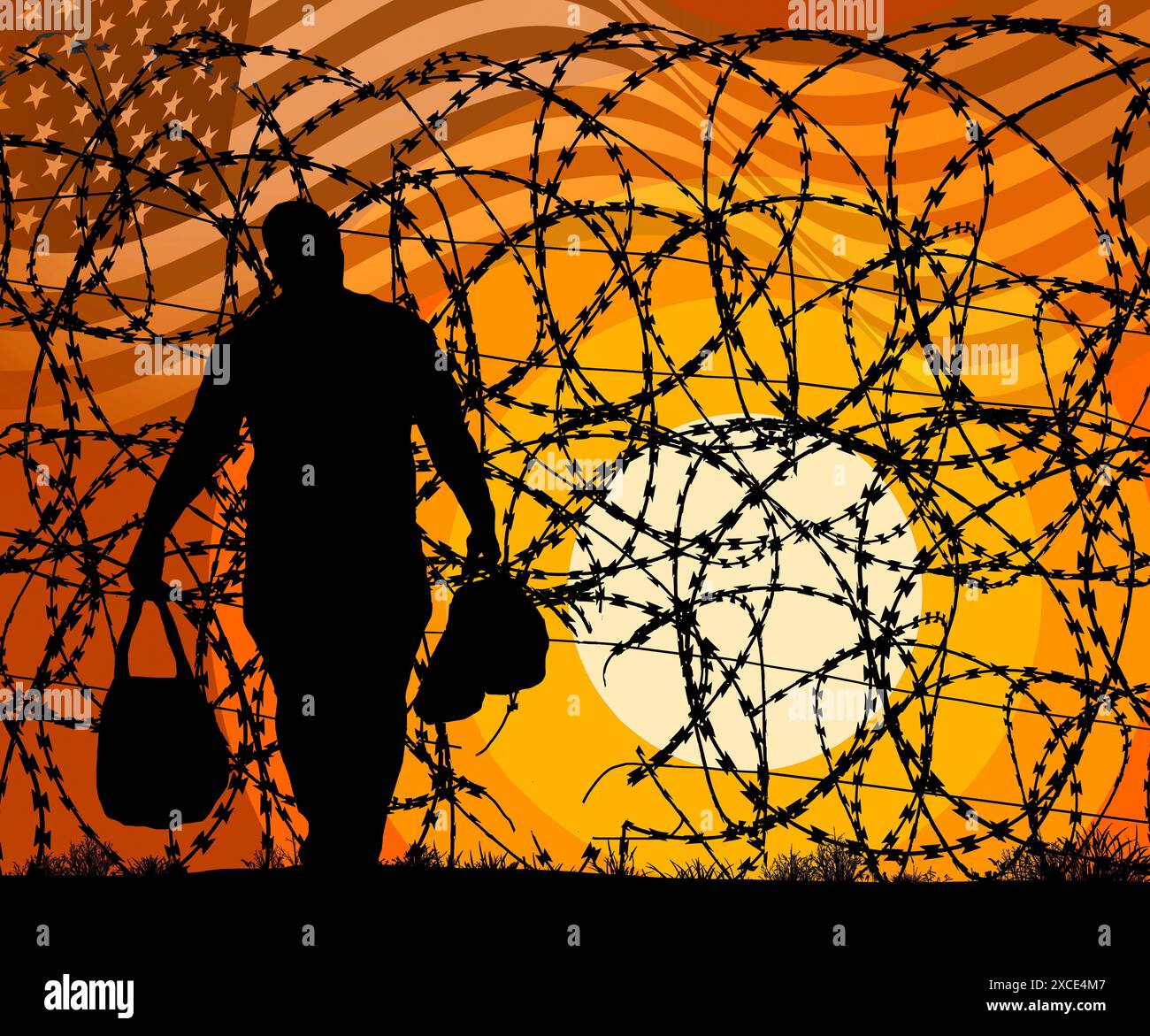 Un alieno illegale attraversa gli Stati Uniti attraverso un buco nella recinzione di confine con il Messico in questa illustrazione in 3D. Foto Stock