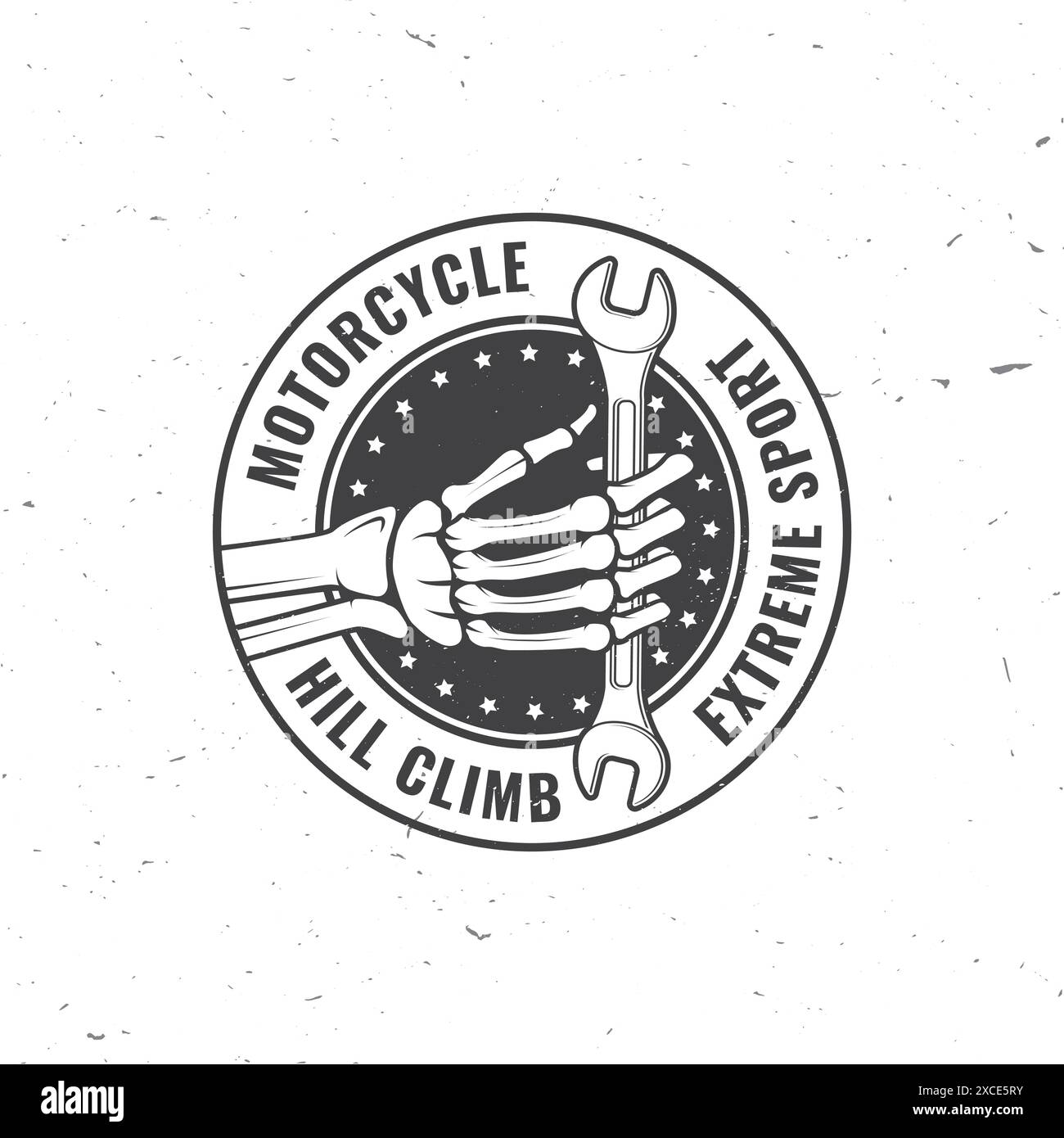 Logo, badge, adesivo, moto Hill Climb. Vettore. Chiave di tenuta manuale scheletro umano. Stile monocromatico Illustrazione Vettoriale