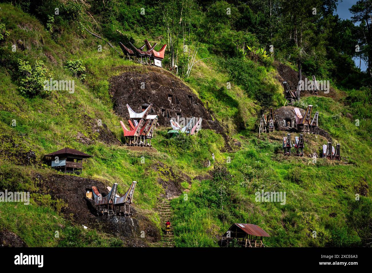 Cimitero di pietra di Buntu Tagari visto nella Reggenza di Toraja settentrionale. Rambu solo è una processione funebre per il popolo Tana Toraja per onorare i loro antenati. La processione consiste in diverse serie di eventi e dura diversi giorni. Foto Stock