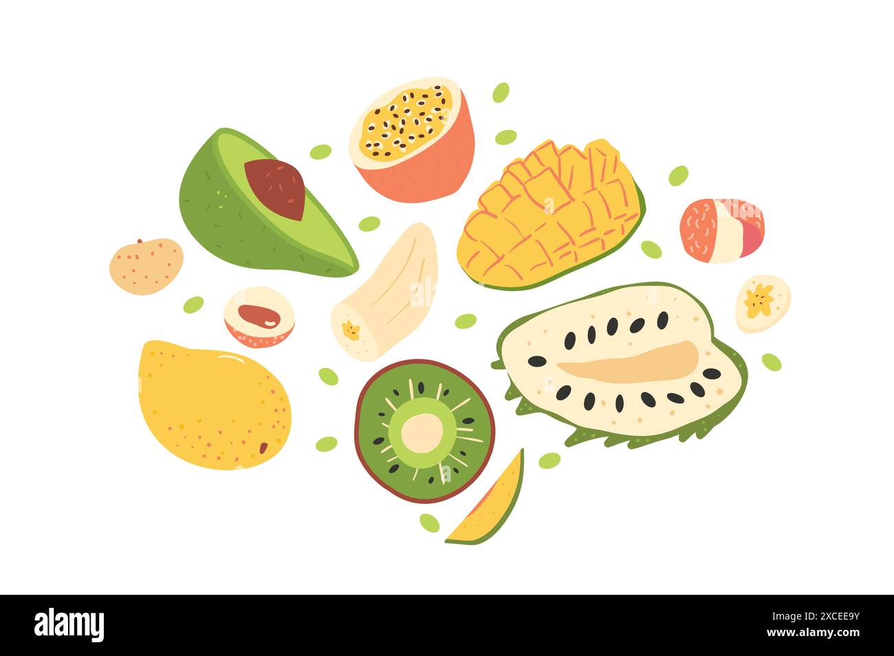 Frutta isolata su sfondo bianco. Set di dolci esotici. Fette di frutta tropicale. Illustrazione della collezione piatta disegnata a mano dal vettore. Illustrazione Vettoriale