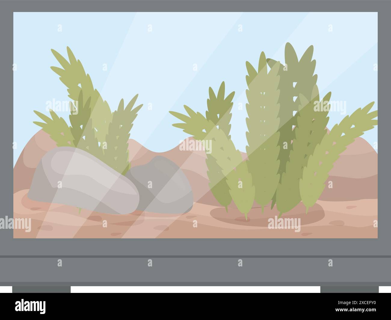 Terrario in vetro con sabbia e piante che crescono all'interno, perfetto per rettili o anfibi Illustrazione Vettoriale