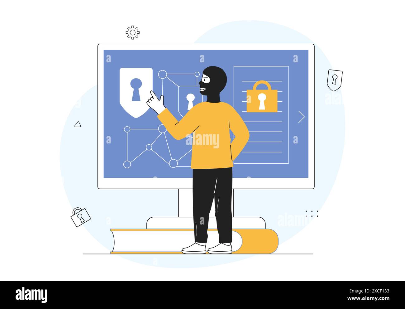 Hacker con computer. Uomo con maschera nera vicino al monitor del pc. Criminale su Internet, pericolo online. Il truffatore ruba password e dati personali. Lineare Illustrazione Vettoriale