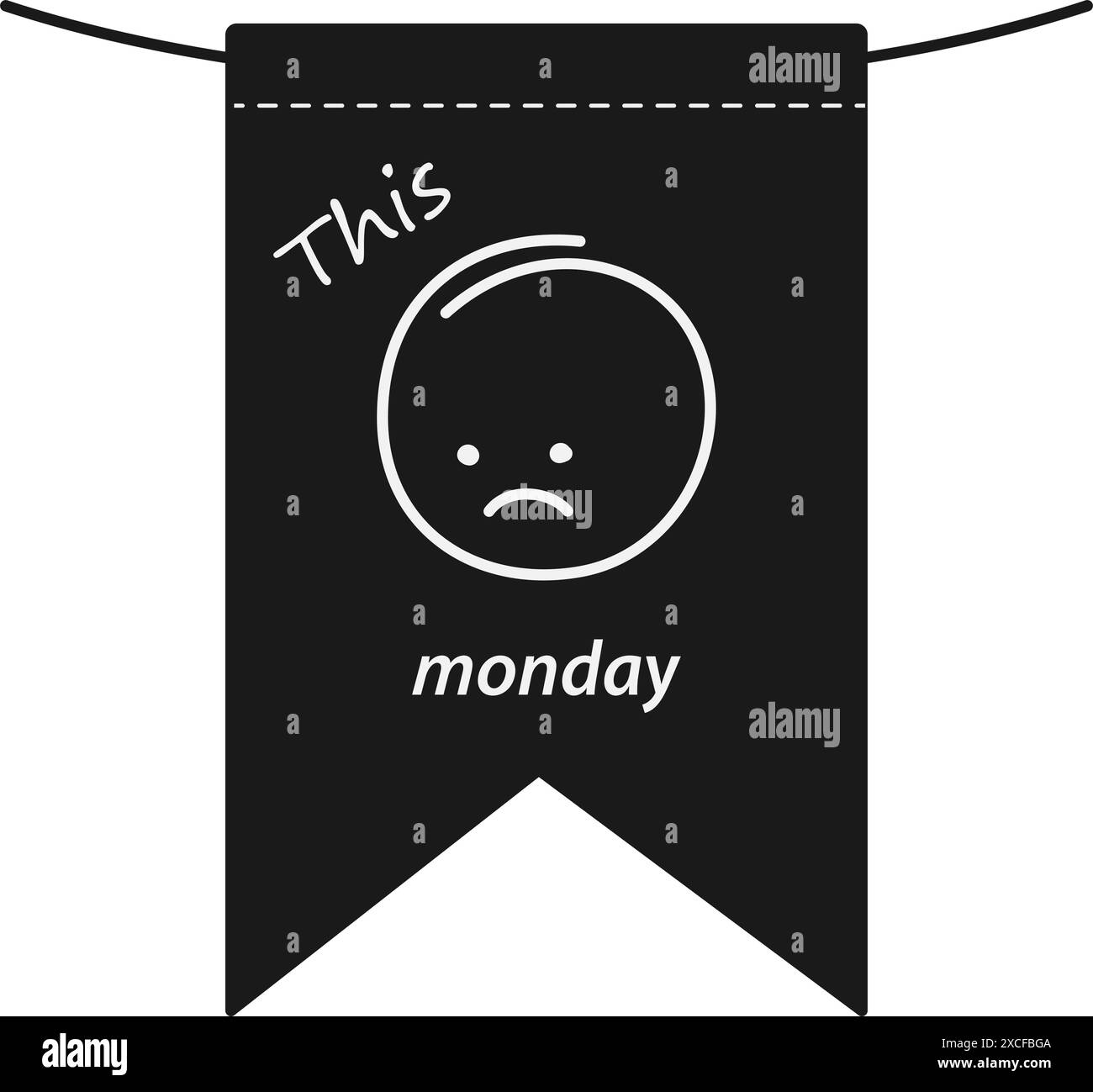 In bianco e nero, questo lunedì su una bandiera delineano una triste emoticon e un'iscrizione. Idea di design motivazionale. Isolare il vettore EPS. Biglietti d'auguri, poster, striscione, brochure, cartellino prezzi, etichetta o web, concetto promozionale Illustrazione Vettoriale