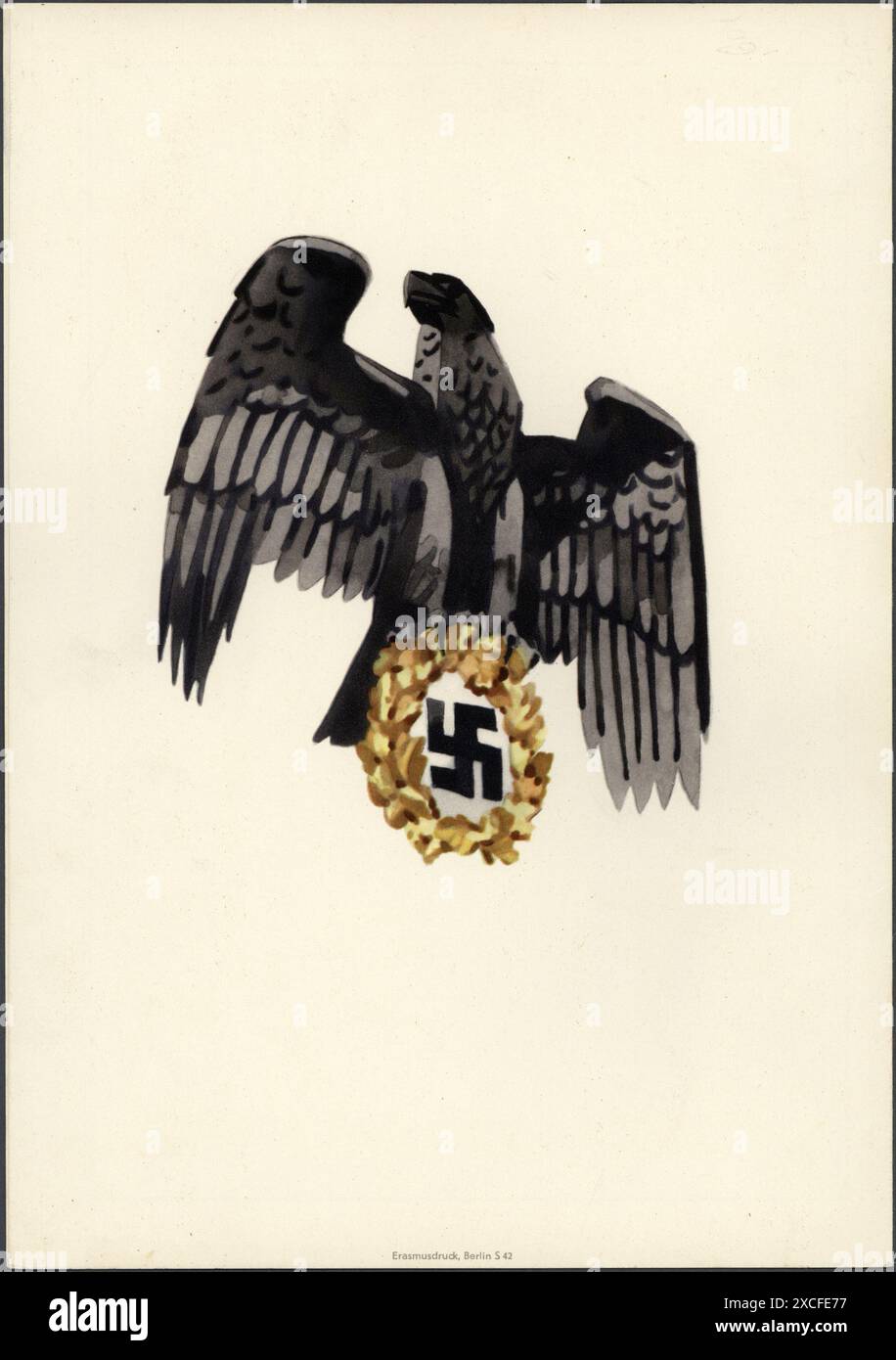 La copertina posteriore di una cartella decorativa per telegramma a colori della Deutsche Reichspost nel 1936. Ha immagini naziste, con l'aquila tedesca che porta una corona di swatika. La prima di copertina di questa cartella è la mia immagine rif: È stata venduta dagli uffici postali, telefonici e telegrafici della Germania nazista. Foto Stock