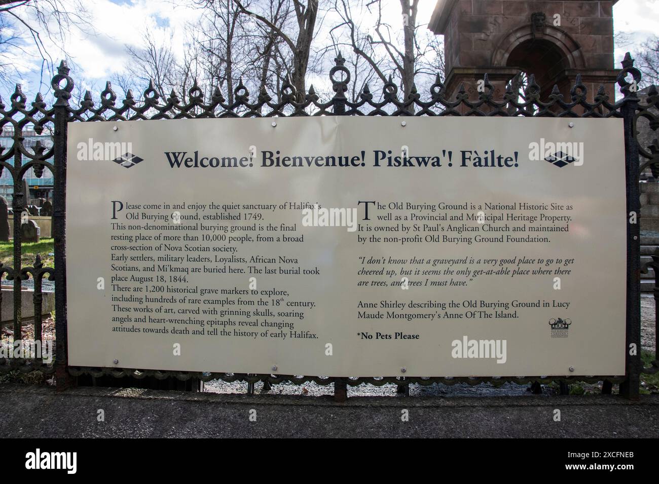 Benvenuto all'Old Burying Ground Cemetery in Barrington Street, nel centro di Halifax, nuova Scozia, Canada Foto Stock