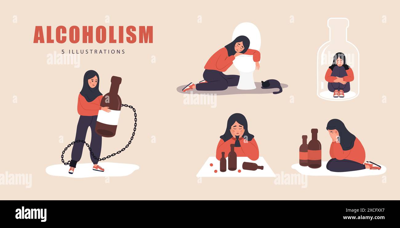Concetto di alcolismo. Set di depressi personaggi femminili arabi con dipendenza da alcol. Concetto di alcol. Abitudini pericolose. Persone che soffrono di dolore Illustrazione Vettoriale