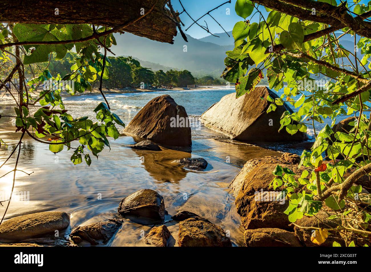 Spiaggia selvaggia di Castelhanos sull'isola di Ilhabela vista attraverso la vegetazione della foresta circostante, la spiaggia di Castelhanos, Ilhabela, San Paolo, Brasile Foto Stock