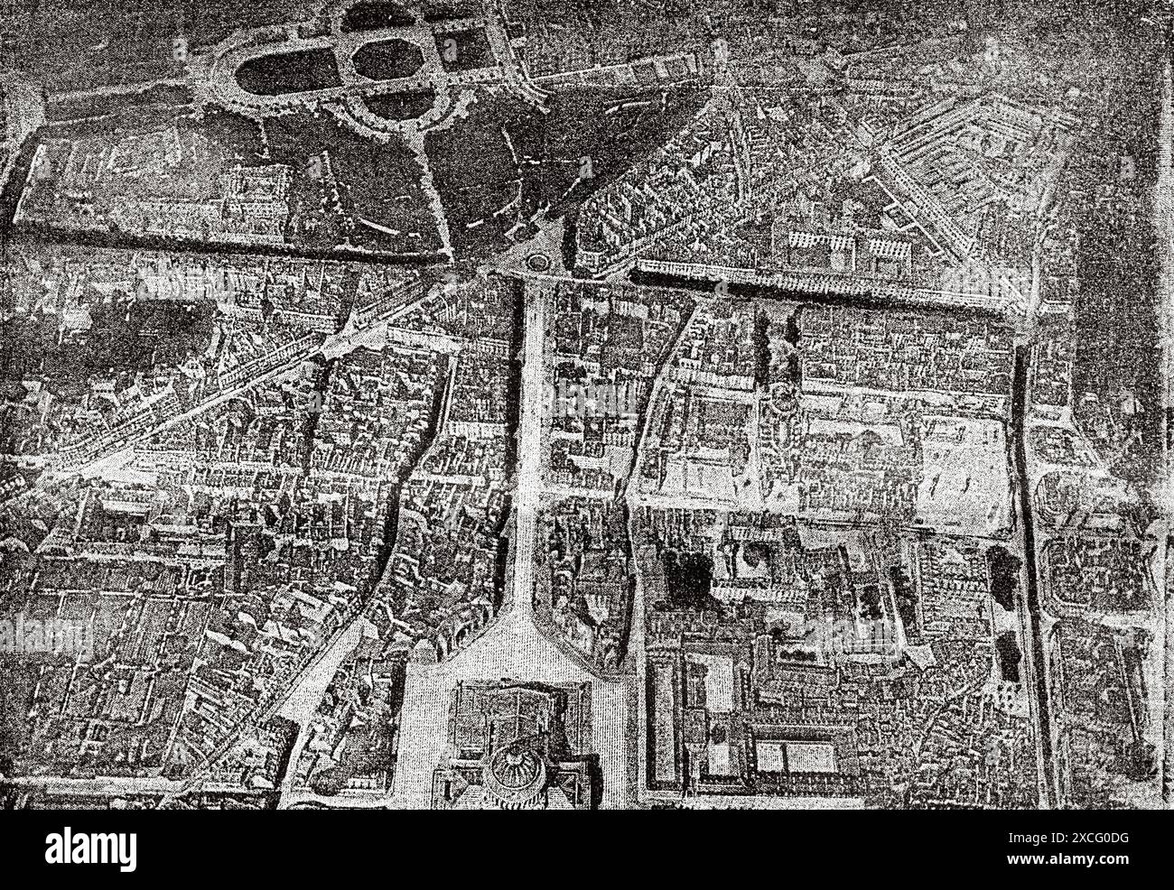 Fotografia con palloncino. Ascensione il 16 luglio 1886. Vista del quartiere del Pantheon. Altitudine mongolfiera, 720 metri. L'aerostat fu assemblato dai capitani di ingegneria CH. Renard, P. Renard e Geor-get. Foto riprodotte dall'eliocalco, Francia. Vecchia illustrazione incisa del XIX secolo da la Nature 1886 Foto Stock Fotografia con palloncino. Ascensione il 16 luglio 1886. Vista del quartiere del Pantheon. Altitudine mongolfiera, 720 metri. L'aerostat fu assemblato dai capitani di ingegneria CH. Renard, P. Renard e Geor-get. Foto riprodotte dall'eliocalco, Francia. Vecchia illustrazione incisa del XIX secolo da la Nature 1886 Foto Stock