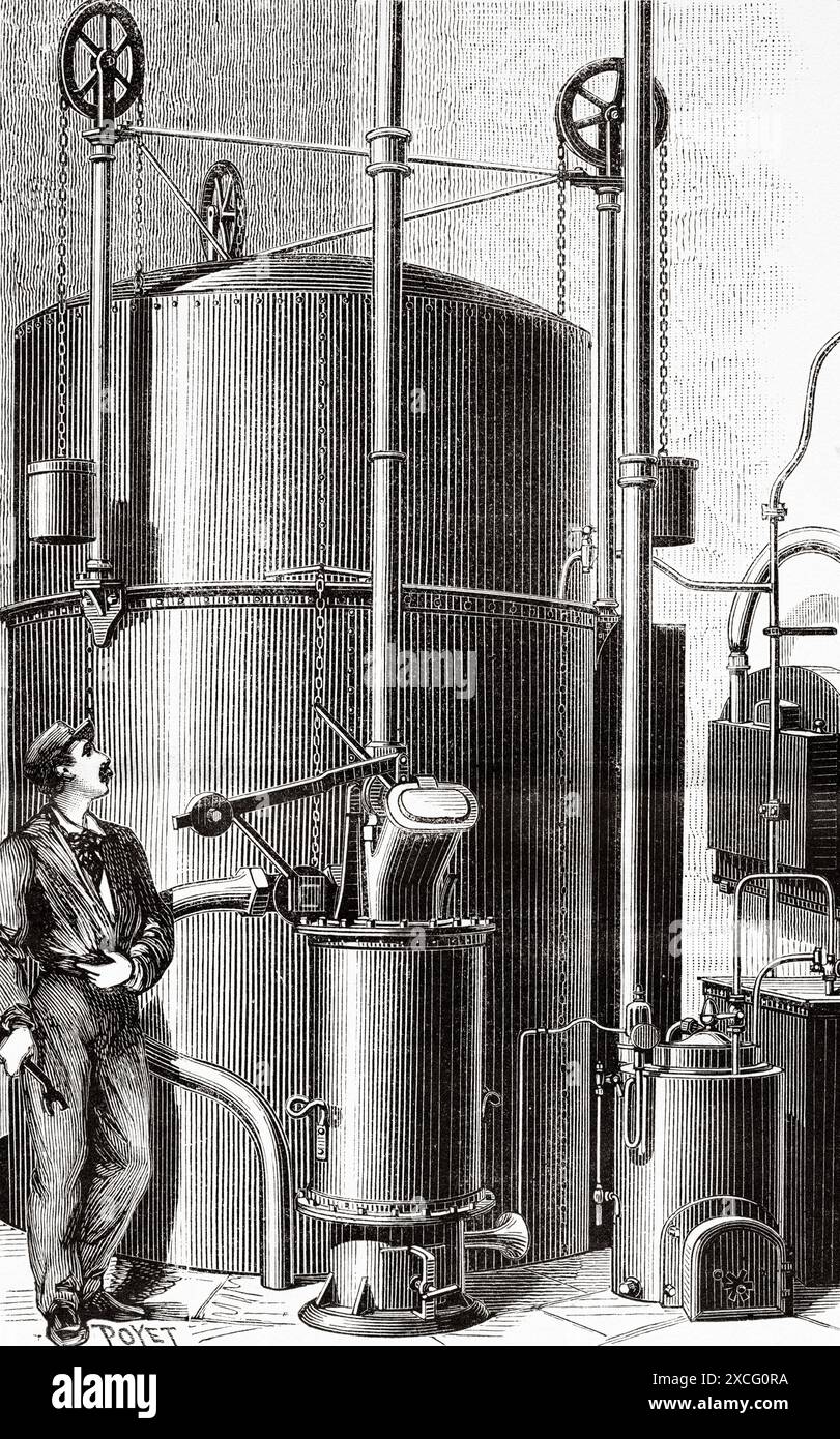 Fabbricazione di gas d'acqua, una specie di gas combustibile, una miscela di monossido di carbonio e idrogeno. Vecchia illustrazione incisa del XIX secolo da la Nature 1886 Foto Stock