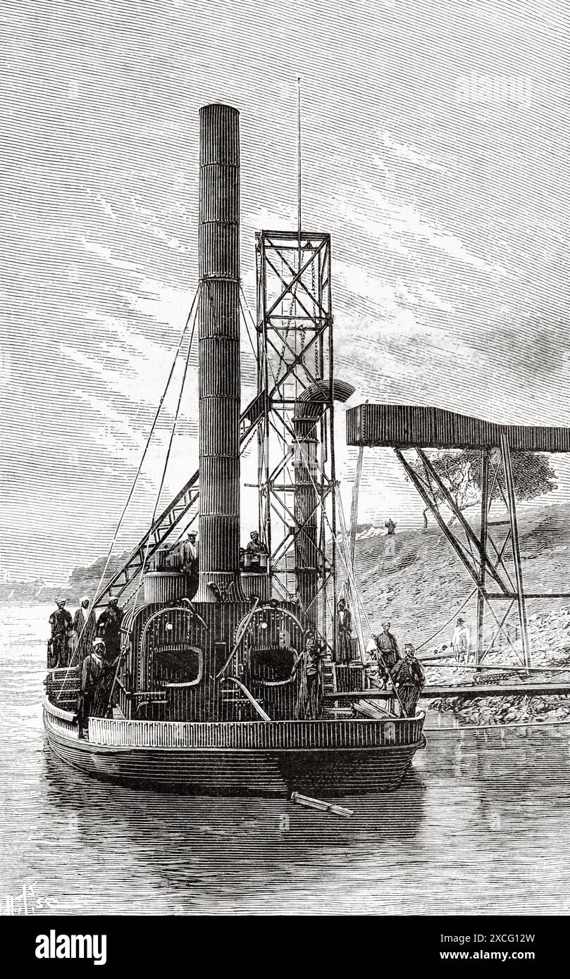 Pompa a vapore utilizzata per la costruzione della diga di Assuan sul fiume Nilo, Egitto. Vecchia illustrazione incisa del XIX secolo da la Nature 1886 Foto Stock