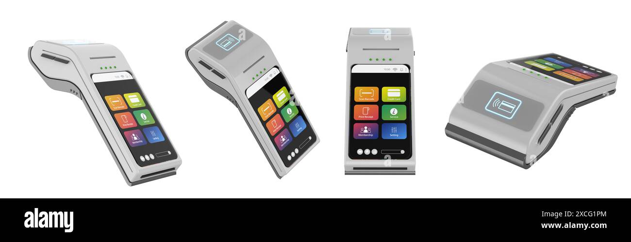 set di rendering 3d di lettori di carte di credito bianchi isolati su bianco Foto Stock