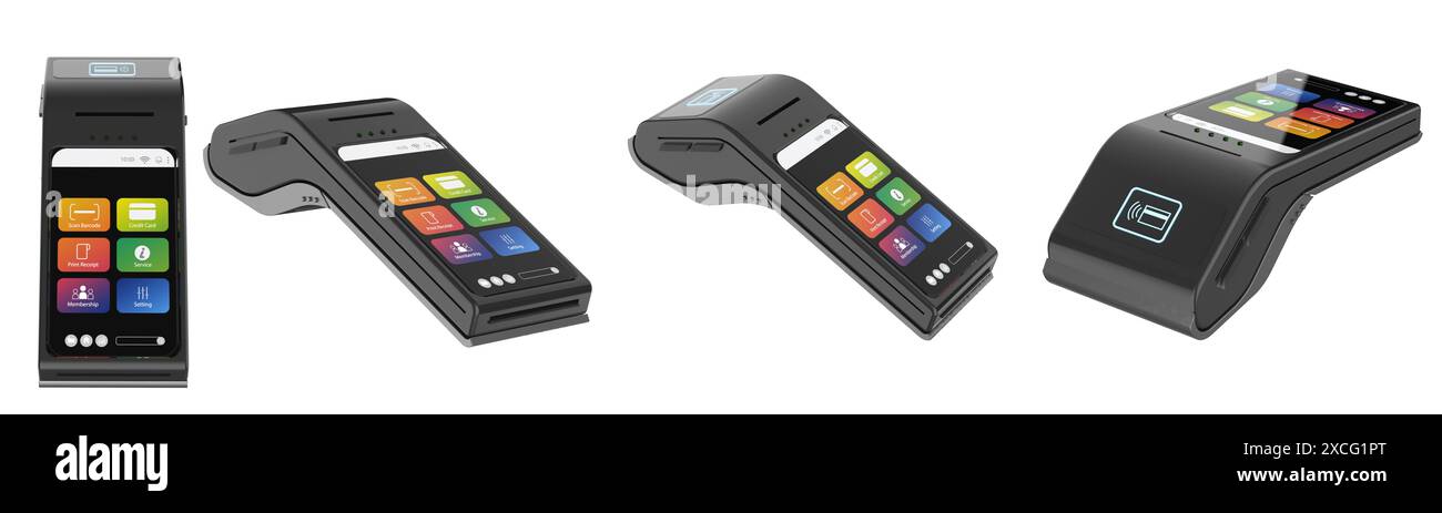 set di rendering 3d di lettori di carte di credito neri isolati su bianco Foto Stock