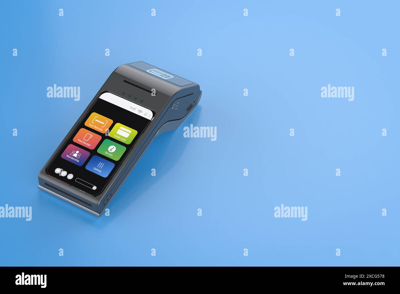 lettore di carte di credito con rendering 3d con interfaccia grafica colorata su sfondo blu con spazio vuoto Foto Stock