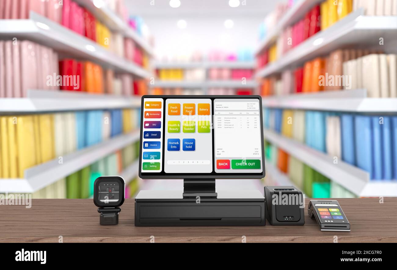 rendering 3d sistema point-of-sale nero o registratore di cassa sulla scrivania nel punto vendita Foto Stock