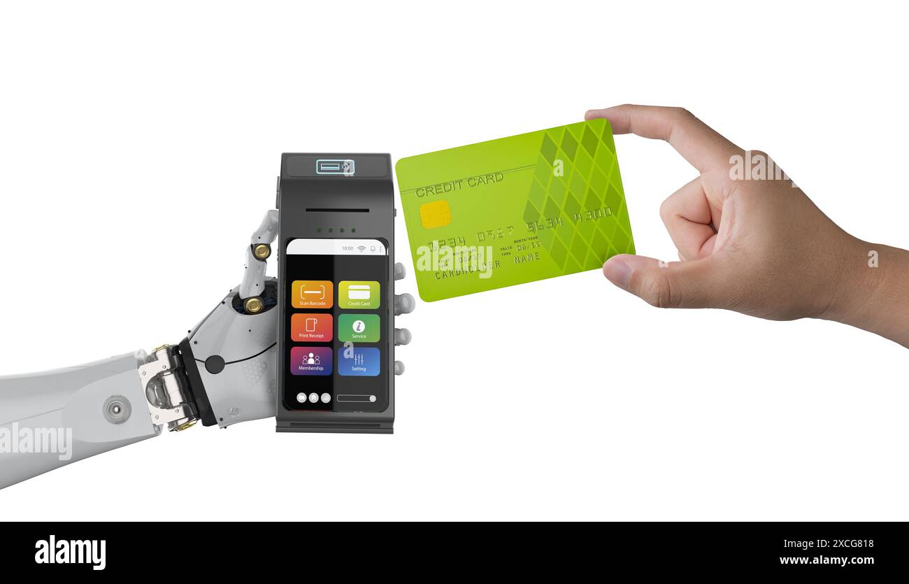 Concetto di pagamento senza contanti con robot di rendering 3d che tiene a mano il lettore di carte di credito con la mano umana che tiene la carta di credito isolata sul bianco Foto Stock
