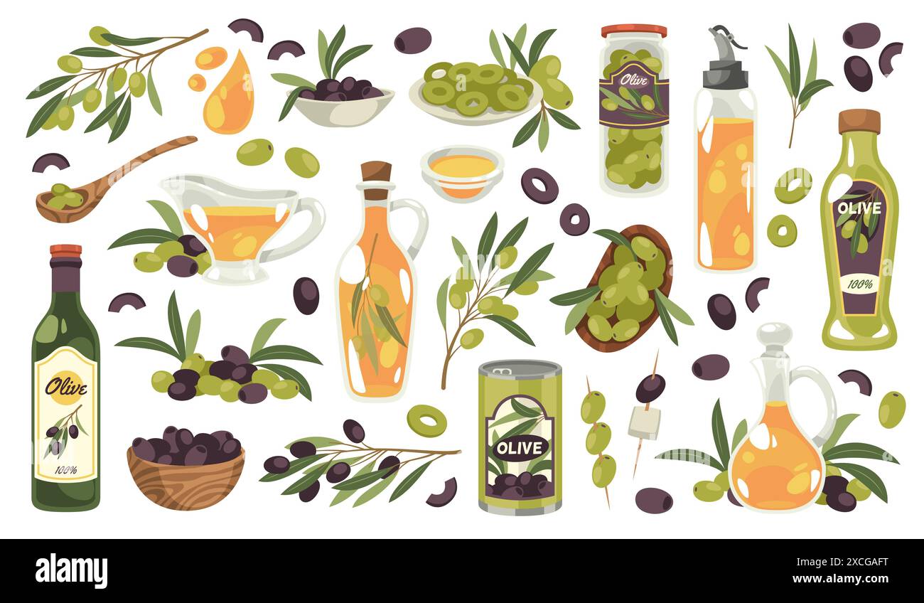 Prodotti d'oliva. Cartoni animati di alimenti biologici, piante mediterranee, bottiglie di olio, barattoli in scatola, olive verdi e nere su rami con foglie, naturali Illustrazione Vettoriale