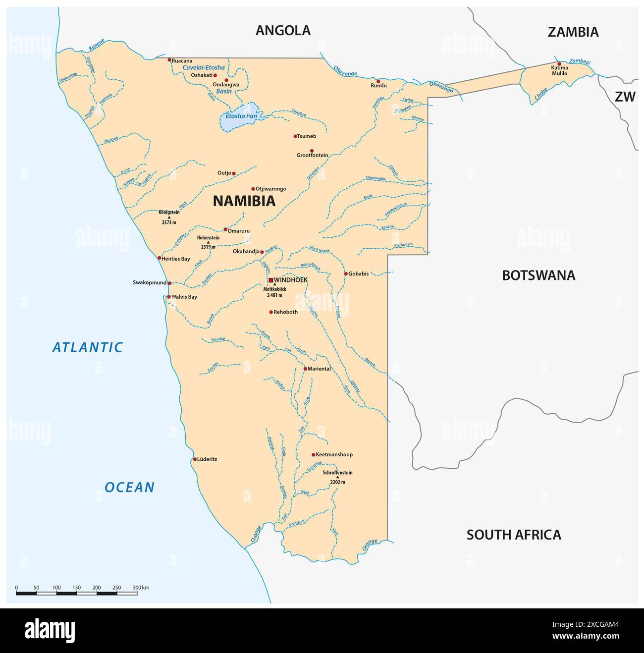 Mappa delle acque del paese africano Namibia Foto Stock