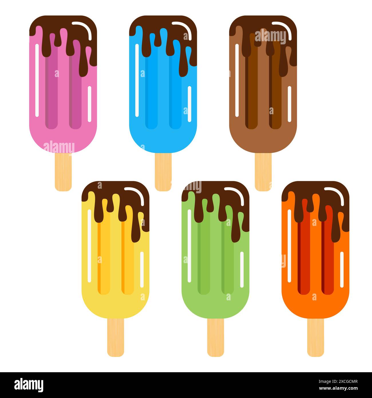 Set di gelato con cioccolato. Gelato cremoso su un bastoncino di legno Illustrazione Vettoriale
