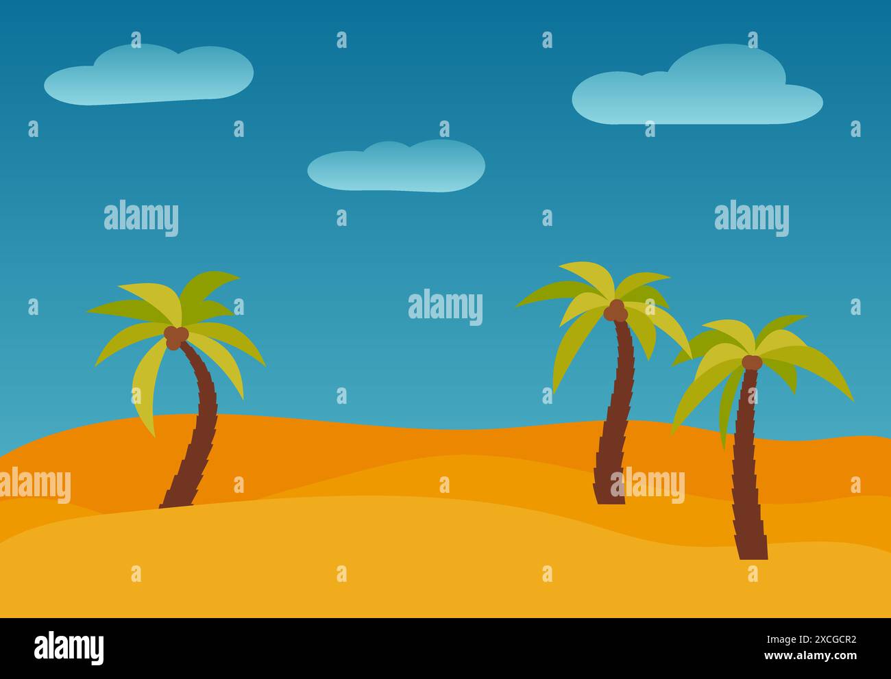 Cartoon paesaggio naturale con tre palme nel deserto. Illustrazione vettoriale. Illustrazione Vettoriale