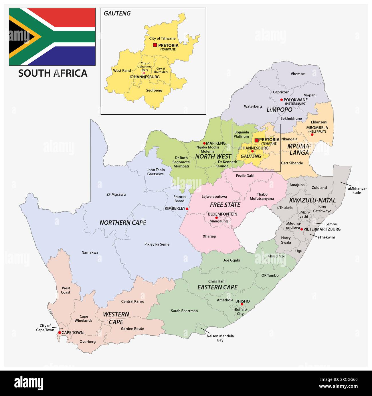 Mappa delle divisioni amministrative del Sudafrica Foto Stock