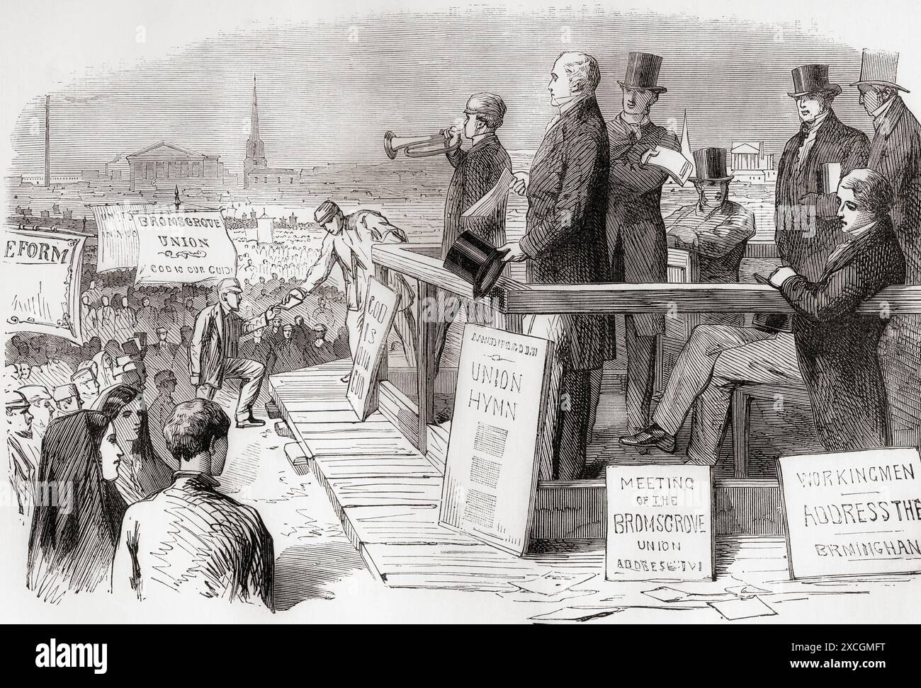 La grande dimostrazione di riforma a Birmingham, 1832. Il Representation of the People Act 1832, noto anche come Reform Act 1832, Great Reform Act o First Reform Act fu un atto del Parlamento del Regno Unito, respinto dalla camera dei lord, che introdusse importanti cambiamenti al sistema elettorale di Inghilterra e Galles. Dalla storia illustrata dell'Inghilterra di Cassell. Foto Stock