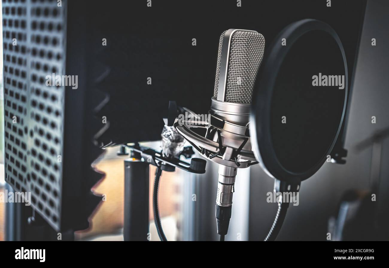 Microfono professionale in studio di registrazione per la creazione di musica in primo piano. Microfono per presentazioni vocali rock e pop Foto Stock