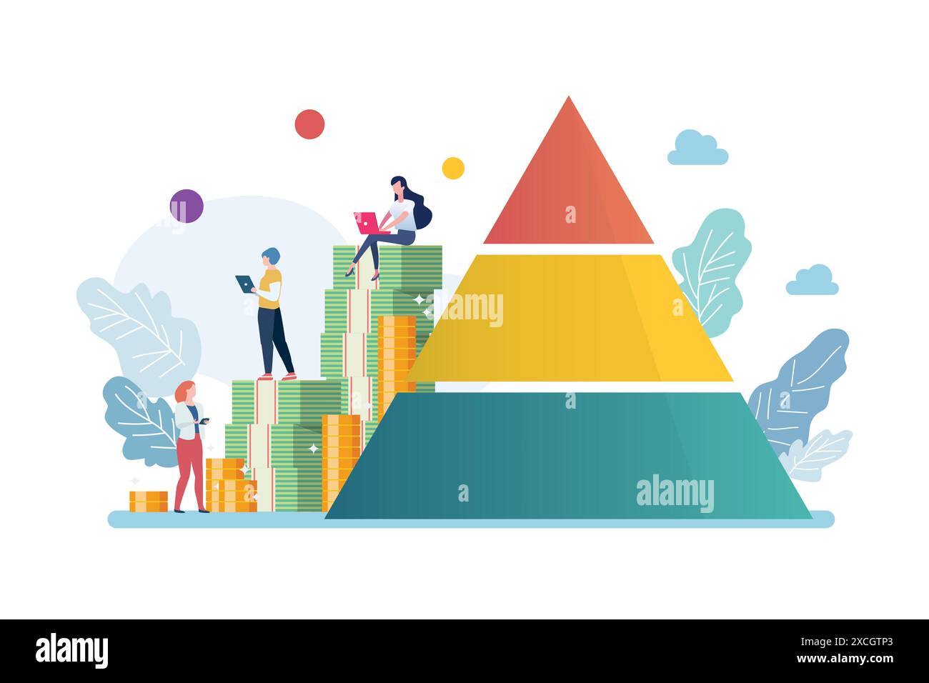 Gente con una montagna di soldi e una piramide. Illustrazione vettoriale Illustrazione Vettoriale