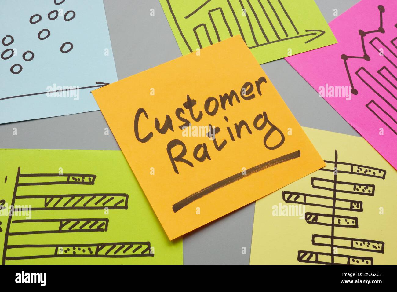 Adesivi con grafici sulla valutazione dei clienti. Foto Stock