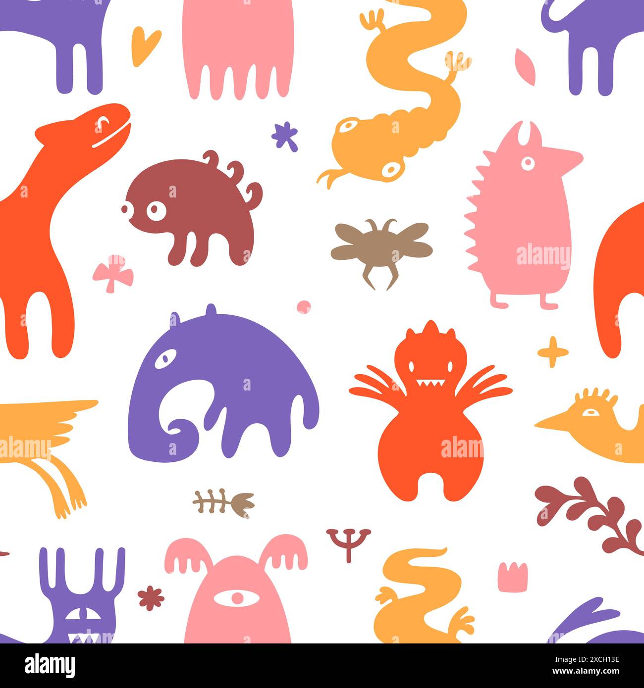 Creature surreali senza interruzioni. Personaggi e piante immaginari, animali immaginari. Stampa decorativa in tessuto, design avvolgente, vettore neoterico Illustrazione Vettoriale