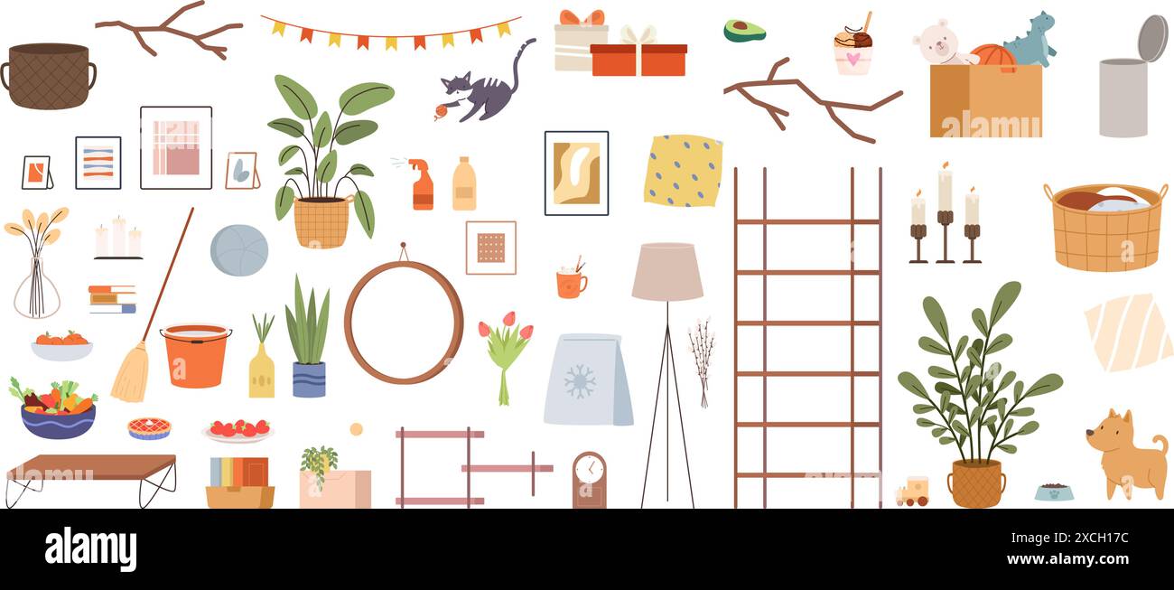 Grande set di accessori per la casa. Immagini candele mensola parete specchi piante giocattoli in scatola di carte. Utensili per la pulizia, secchio e cestello della spazzatrice. Cibo, mobili e. Illustrazione Vettoriale