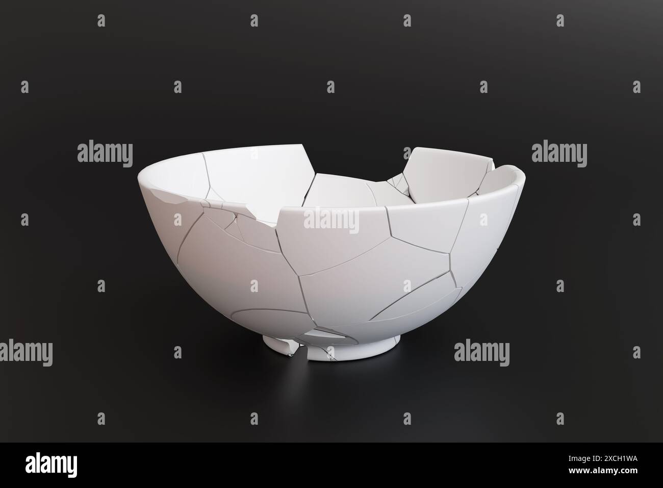 Ciotola bianca incrinata su sfondo nero. Illustrazione del concetto di disoccupazione, crisi finanziaria e recessione economica Foto Stock