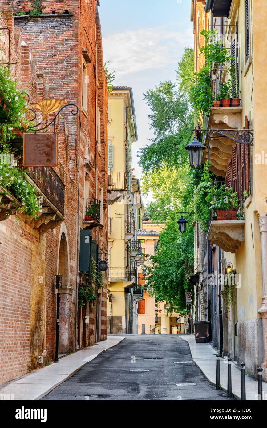 Veduta di una stradina stretta nel centro storico di Verona, Italia. Facciate di case al sole mattutino. Verona è una popolare destinazione turistica d'Europa. Foto Stock