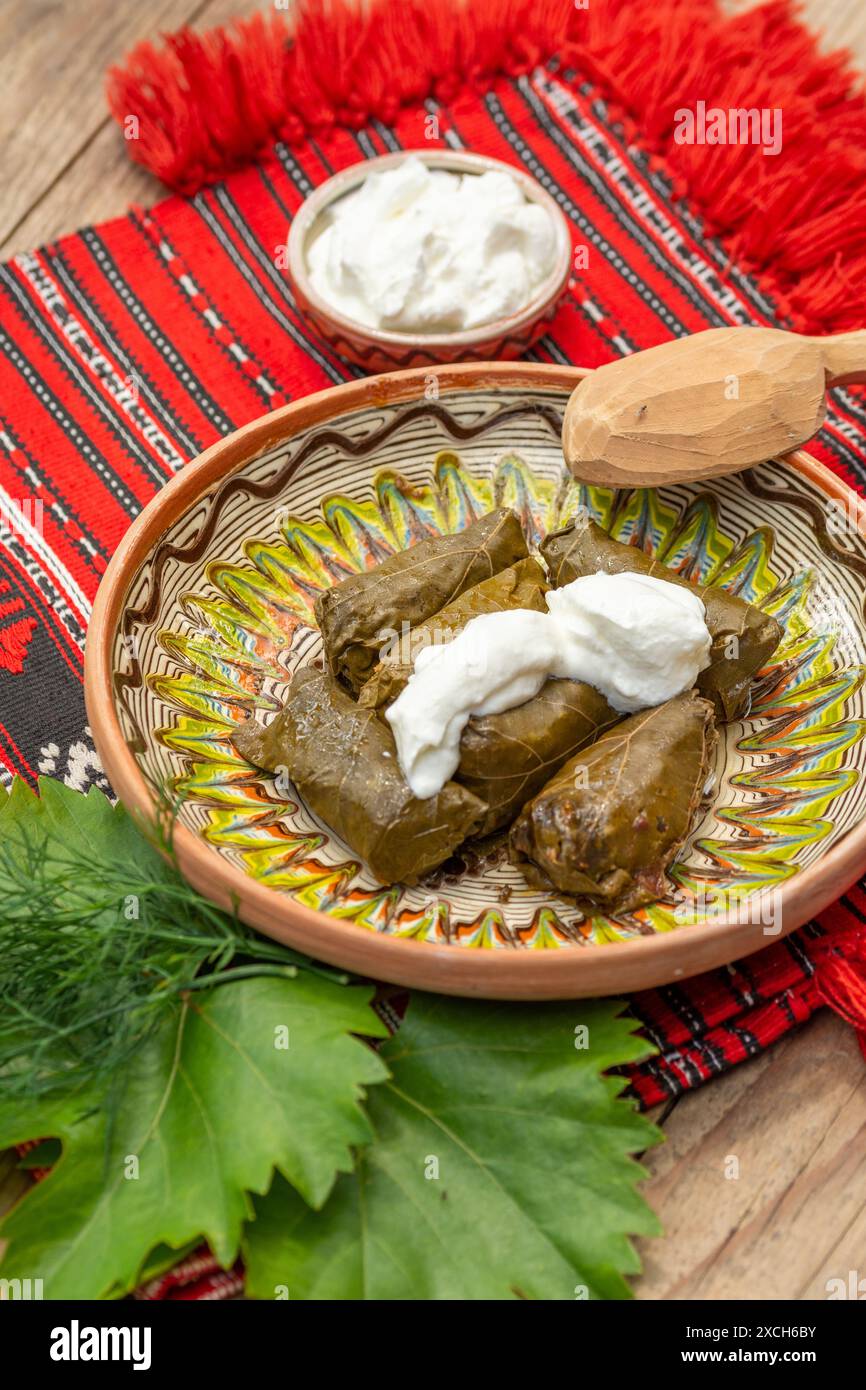 involtini di carne avvolti con foglie di vino, cucina balcanica sarma Foto Stock
