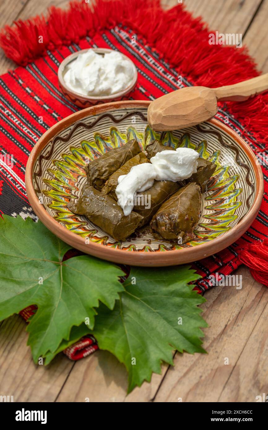 involtini di carne avvolti con foglie di vino, cucina balcanica sarma Foto Stock